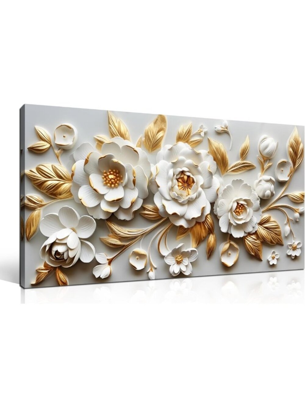 Floral Canvas Wall Art - White & Gold Blossom Botanical Prints, 20"x40" Decor